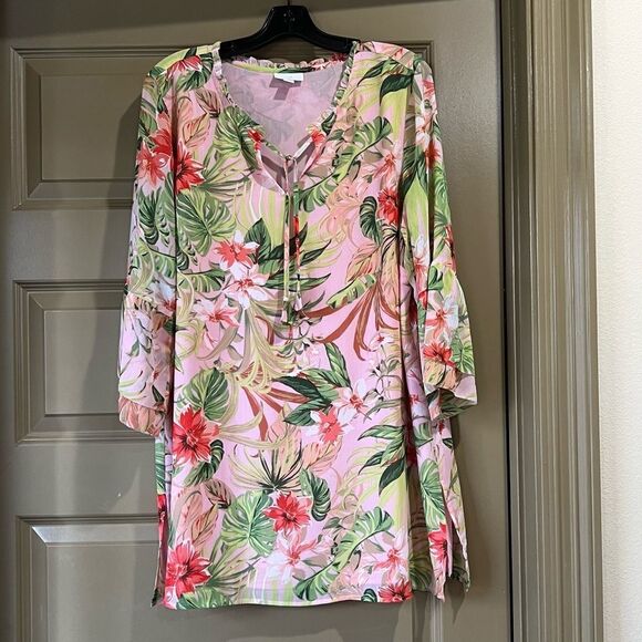 J.Jill Pink Green Tropical Floral Tunic Top Spring Summer Blouse Size L - Picture 3 of 9